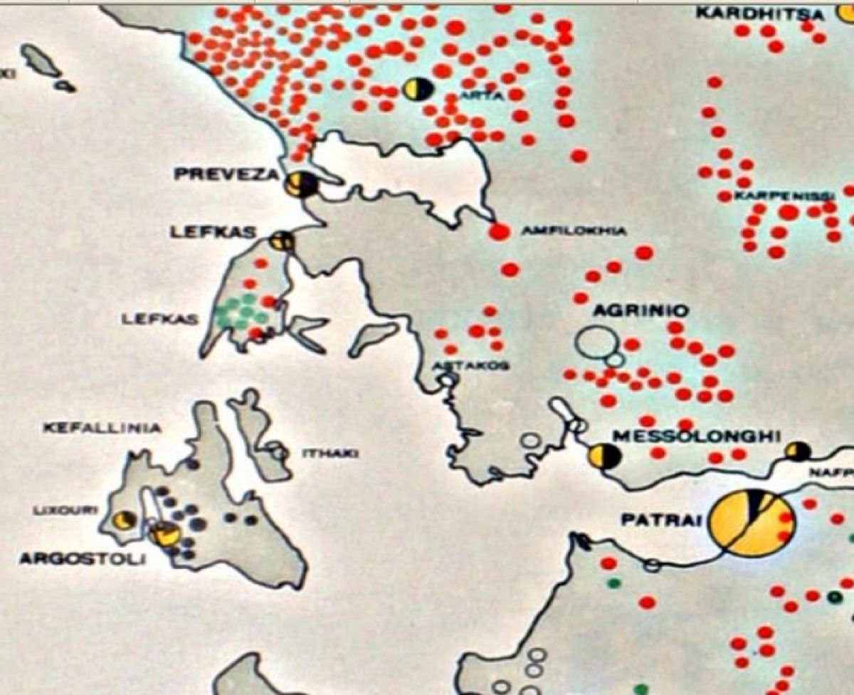 Χάρτης με τις καταστροφές των Γερμανών το 1941-1944 στην Αιτωλοακαρνανία-Δυτική Ελλάδα